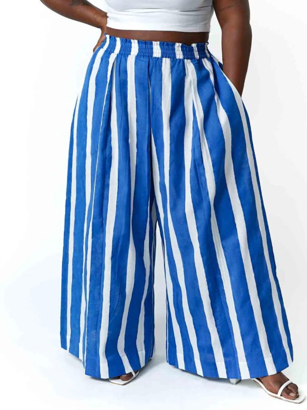 NORBLACK NORWHITE Kickback Pants Block Print Blue Stripe Wide Leg XS Unisex $180